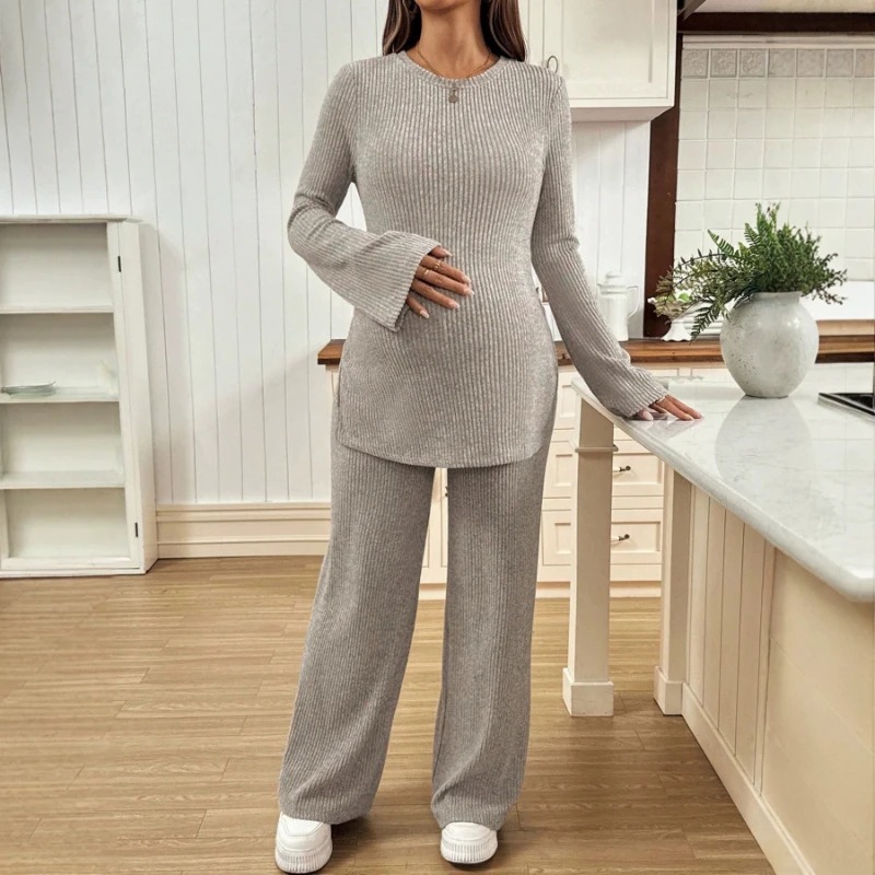 Maternity Wear - Örme Hamile Takımı Uzun Kollu Yırtmaçlı