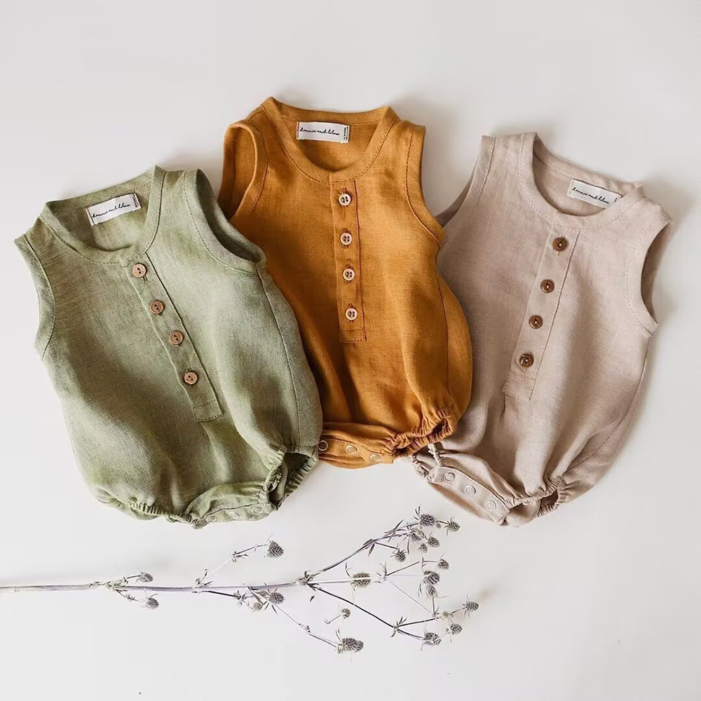 Baby Summer Linen Sleeveless Jumpsuit - Yenidoğan Bebek Erkek Keten Pamuk Romper